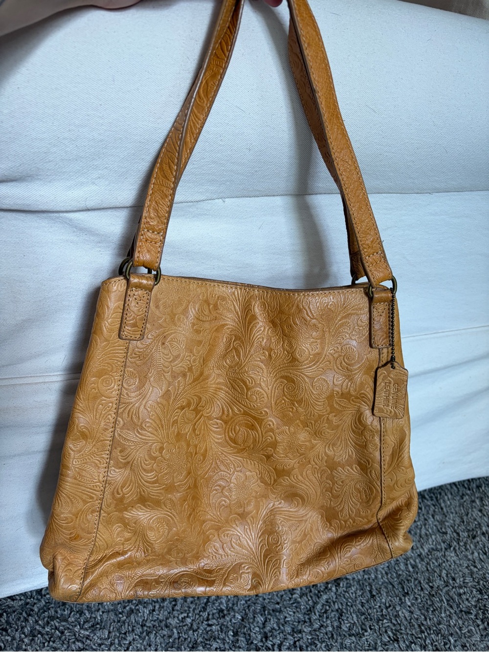 Tan Floral-Embossed Leather Shoulder Bag